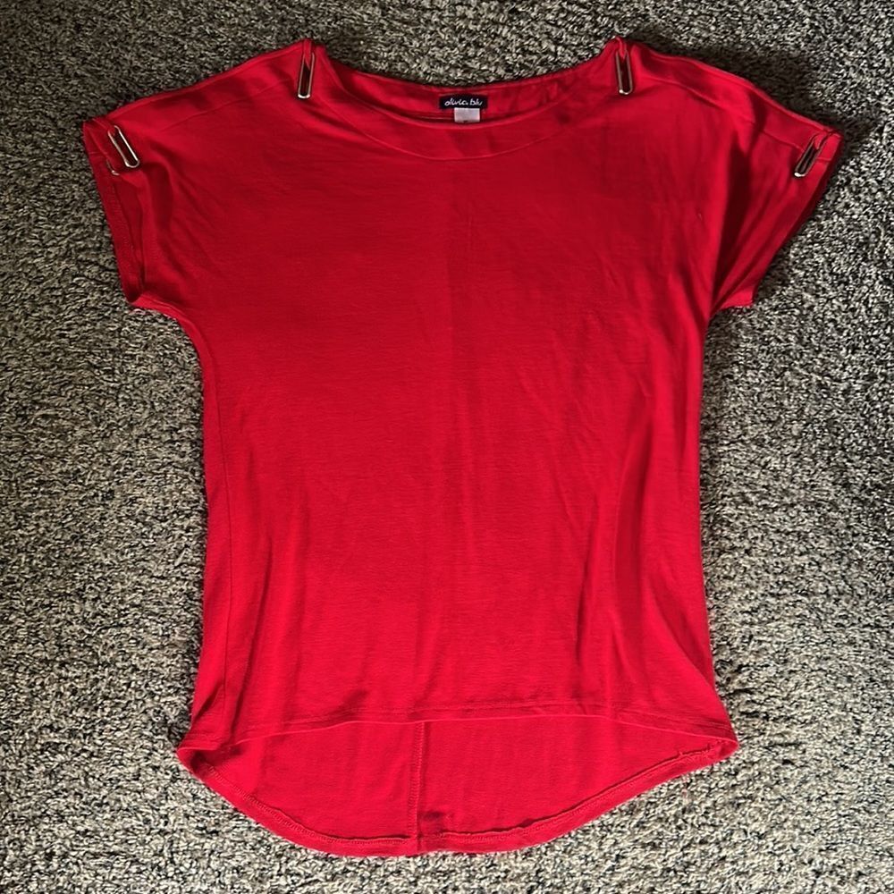 Olivia blu , Red short sleeve ,cold shoulder with metal grommets,back longer,